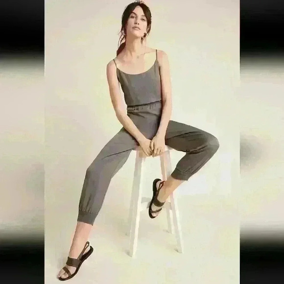 Anthropologie Jogger | Gray Green Spaghetti Srap Jumpsuit - Picture 1 of 9